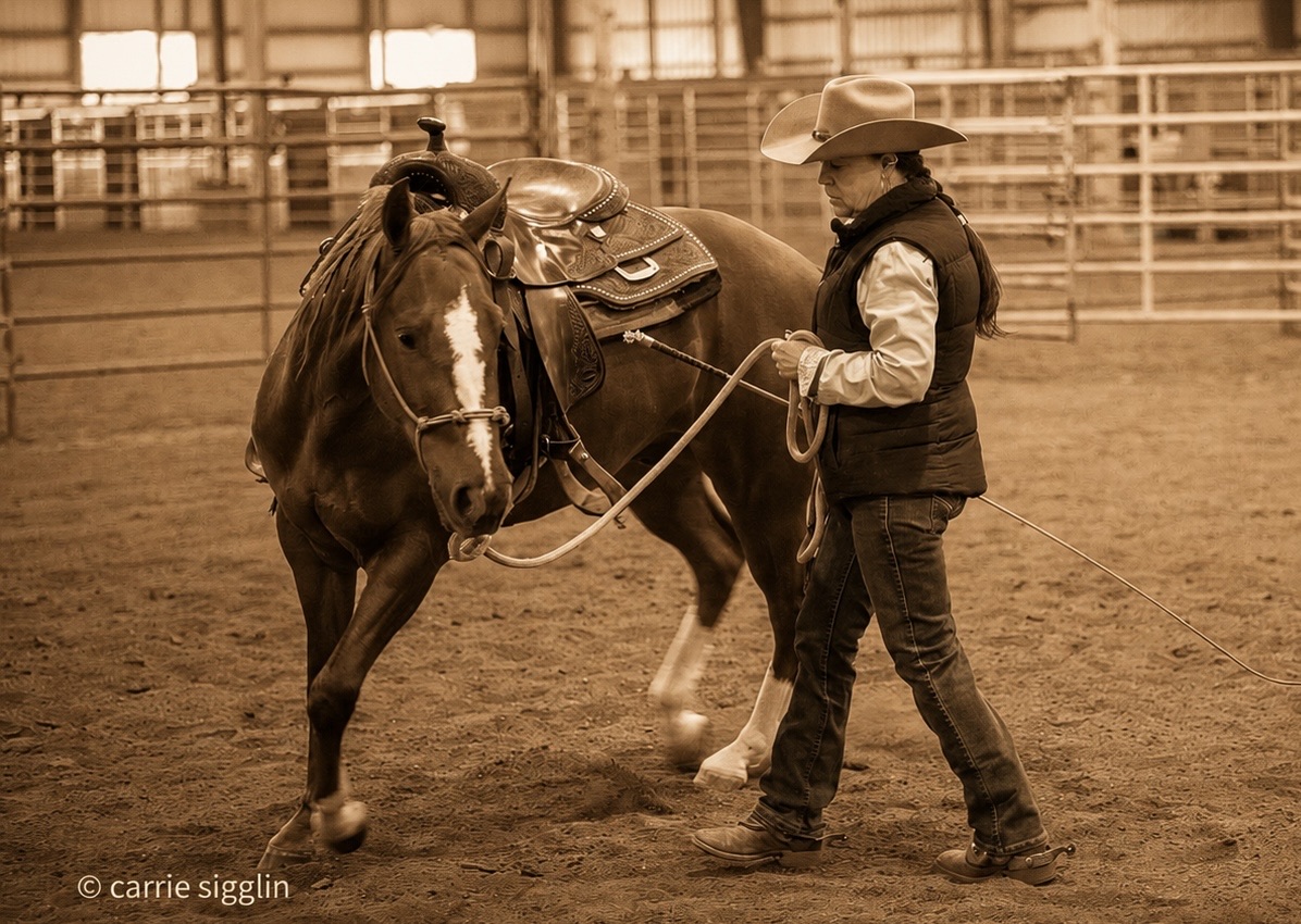 Peggy Bond-Heath doing groundwork with a saddled horse in an indoor arena