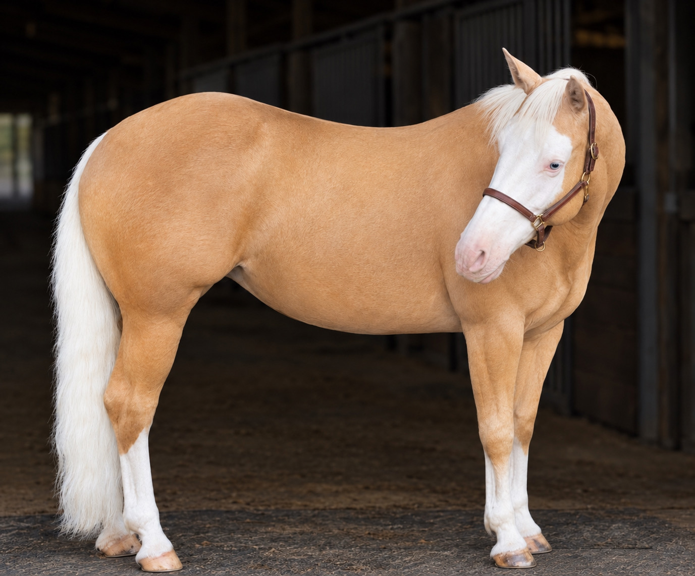 Palomino performance horse standing in the barn aisle, full side view