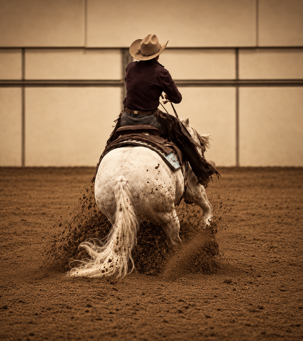 Rider on a white horse sliding to a stop, dirt flying, in an indoor arena