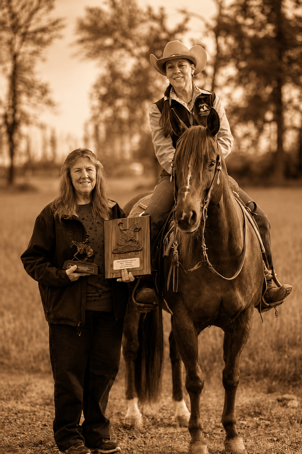 Peggy Bond-Heath on horseback beside a client holding their championship awards